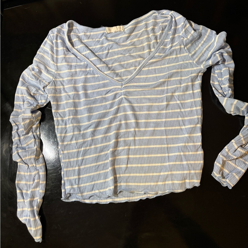 Striped V-Neck Light Blue Women's Spring Top